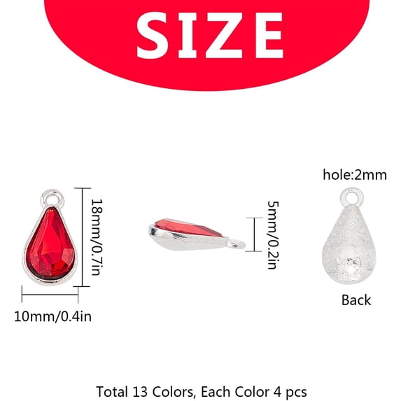 1box Alloy Glass Pendants Faceted teardrop Mixed color 18x10x5~5.5mm Hole: 1.8~2mm 13color 4pcs/color 52pcs/box