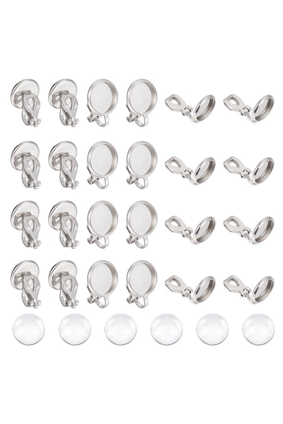 1box Blank Dome Clip-on Earring Making Kit Including 304 Stainless Steel Clip-on Earring Settings Glass Cabochons Stainless Steel color 100pcs/box Stainless Steel