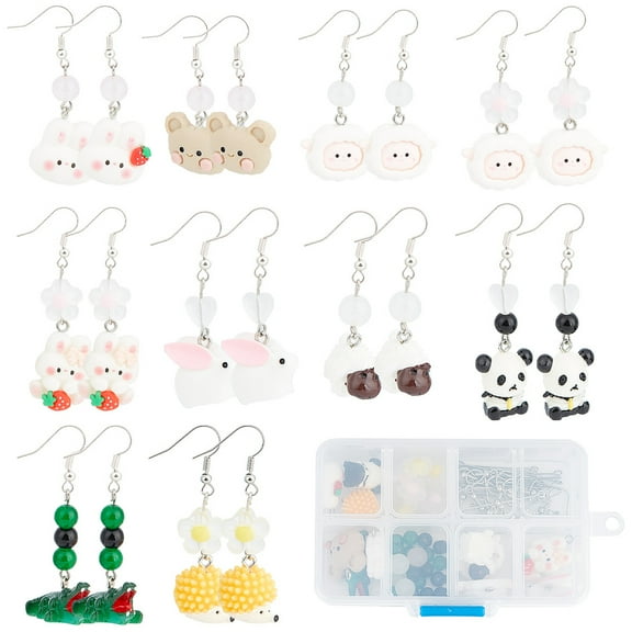 1box DIY Animal Dangle Earring Making Kit Including Hedgehog & Lamb & Crocodile Resin Pendants Glass & Acrylic Heart Beads Brass Earring Hooks Mixed color 100pcs/box