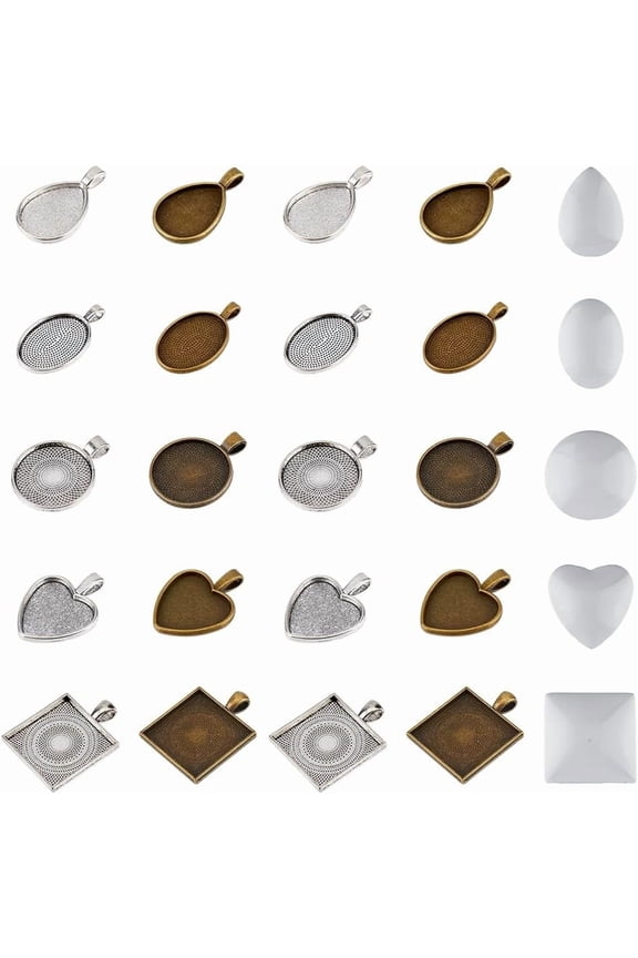 1box DIY Blank Cameo Photo Geometric Pendant Making Kit Including Teardrop Square Oval Flat Round Alloy Pendant Cabochon Settings