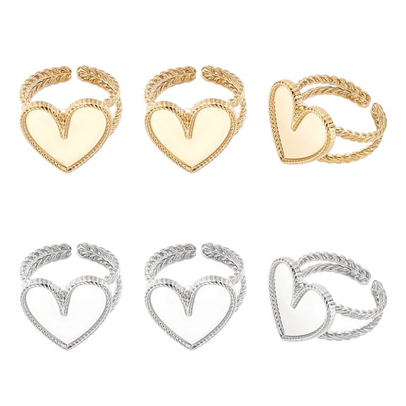 1box DIY Blank Dome Heart Cuff Ring Making Kit Including 304 Stainless Steel Open Ring Setting Golden & Stainless Steel color 6pcs/box