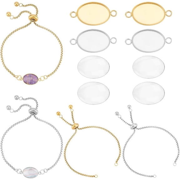 1box DIY Blank Oval Link Bracelet Making Kit Including 304 Stainless Steel Cabochon Connector Settings Slider Bracelet Making Glass Cabochons DIY