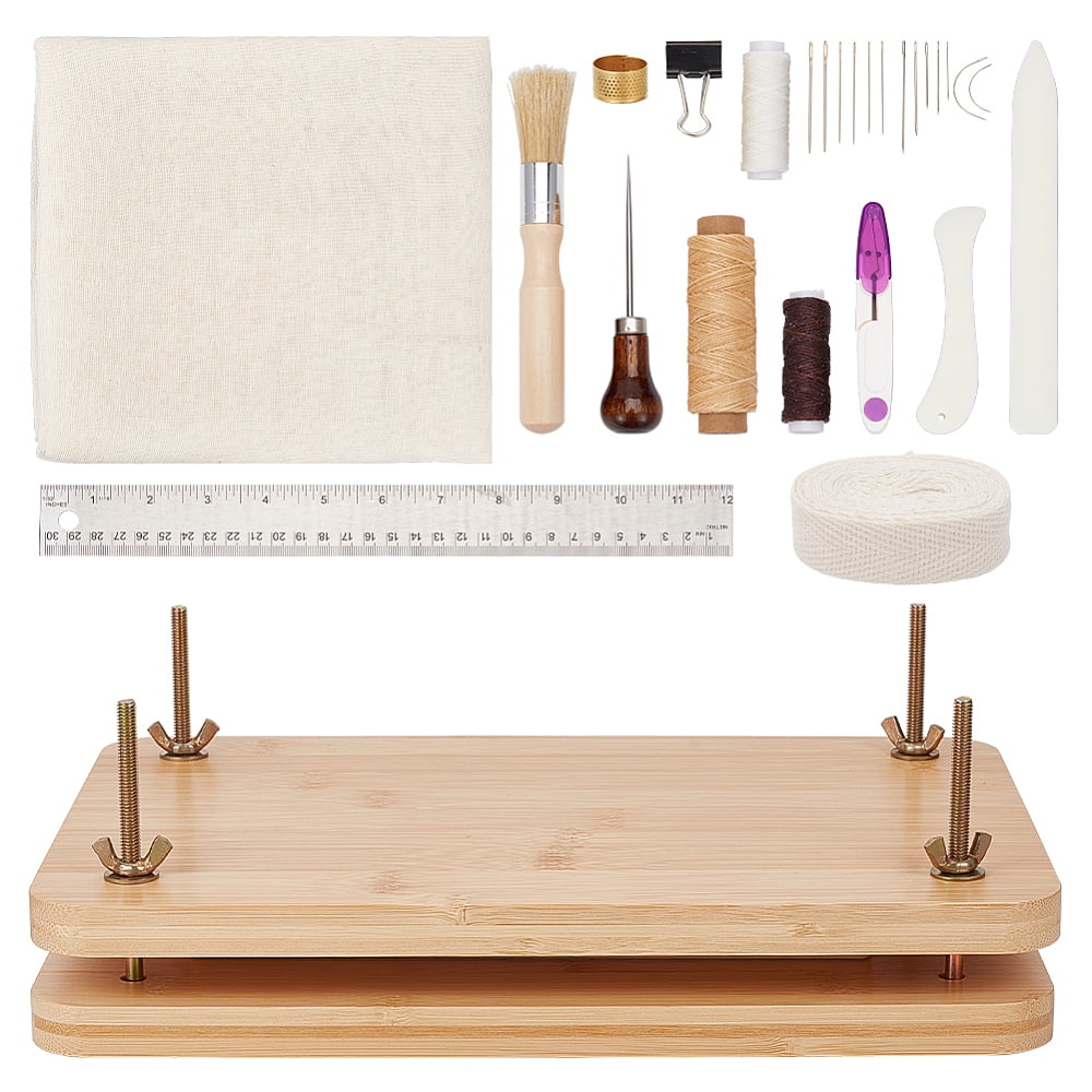 1box DIY Bookbinding Kits Including Wooden Book & Bristles Carbon Steel Needle Cotton Cloth Fabric Polycotton Ribbon & Cord Scissors Clips Rulers Thimbles Leather Craft Tools Mixed color