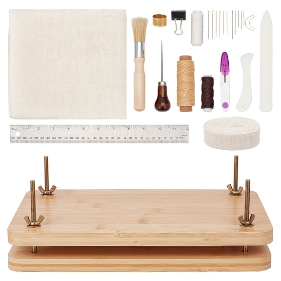 1box DIY Bookbinding Kits Including Wooden Book & Bristles Carbon Steel Needle Cotton Cloth Fabric Polycotton Ribbon & Cord Scissors Clips Rulers Thimbles Leather Craft Tools Mixed color