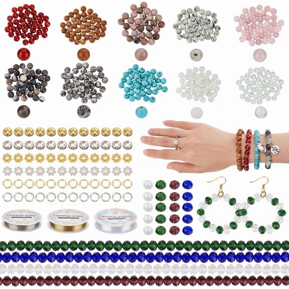 1box DIY Bracelet Ring Making Kit Including Natural Mixed Gemstone Round Glass Bicone Alloy Flower Rhinestone Space Beads Copper Craft Wire