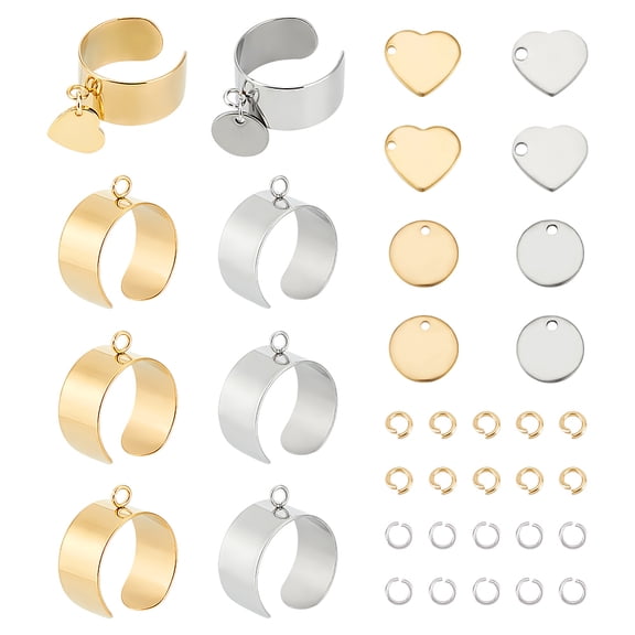 1box DIY Charm Cuff Ring Making Kit Including 304 Stainless Steel Loop Ring Base & Pendants Flat Round & Heart Golden & Stainless Steel color 36pcs/box