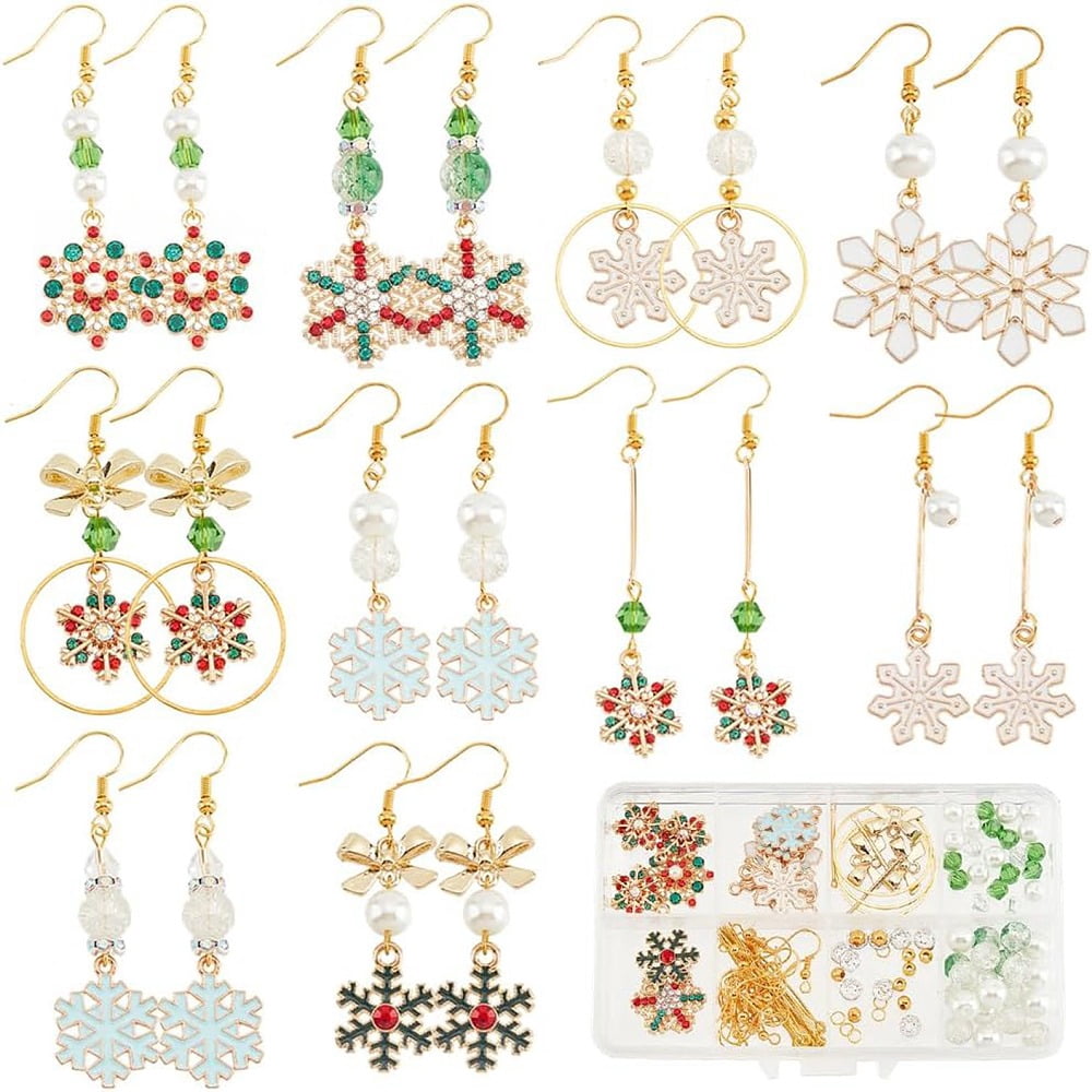 1box DIY Christmas Snowflake Earring Making Kit Including Glass Pearl Bicone Beads Bar Links Connectors Brass Earring Hooks Mixed Color 162Pcs/box