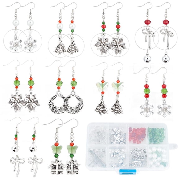 1box DIY Christmas Theme Earrings Making Kit Snowflake & Bowknot & Poinsettia Alloy Pendants Butterfly & Bicone & Imitation Pearl Glass Beads Brass Earring Hooks Mixed color 198pcs/box