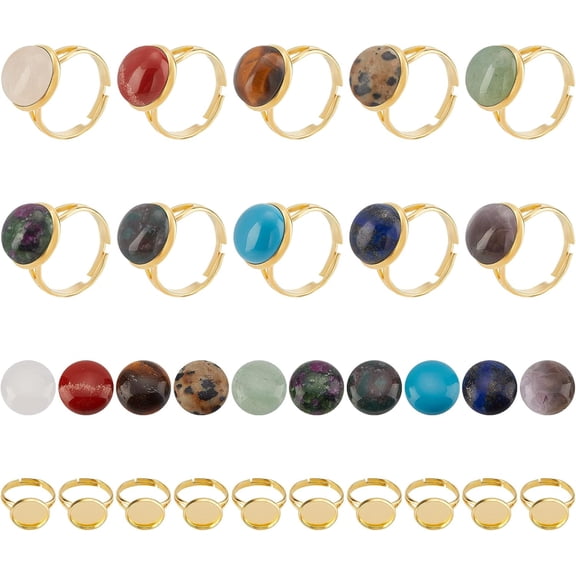 1box DIY Finger Ring Making Kit Including Adjustable Brass Pad Ring Findings Nautral Mixed Gemstone Cabochons Golden Settings: 20pcs/set DIY