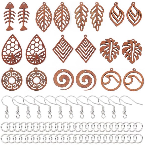 1box DIY Hollow Out Dangle Earring Making Kit Including Leaf & Ring & Teardrop & Fish Bone Natural Walnut Wood Pendants Brass Earring Hooks Camel 74pcs/box