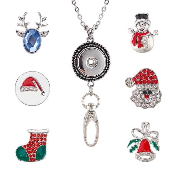 1box DIY Interchangeable Christmas Office Lanyard ID Badge Holder Necklace Making Kit Including Tree Hat Alloy Snap Buttons Snap Keychain Making