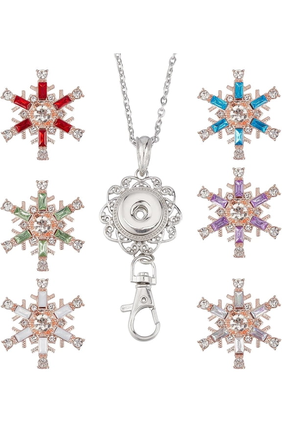 1box DIY Interchangeable Snowflake Office Lanyard ID Badge Holder Necklace Making Kit Including Alloy Jewelry Snap Buttons Snap Keychain Making