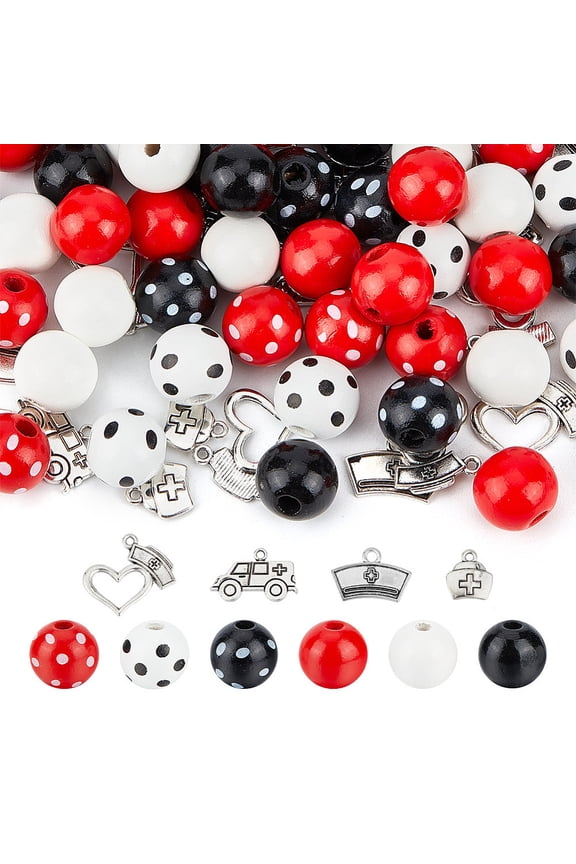 1box DIY Nurse's Day Theme Jewelry Making Finding Kit Including Wooden Round Beads Alloy Pendants Heart & Ambulance & Cap Mixed color 160pcs/box