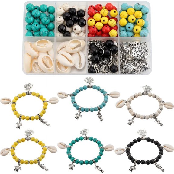 1box DIY Ocean Theme Bracelet Making Kit Including Natural Shell Turquoise Round Beads Alloy Pendants Turtle Sea Horse Fish Mixed Color