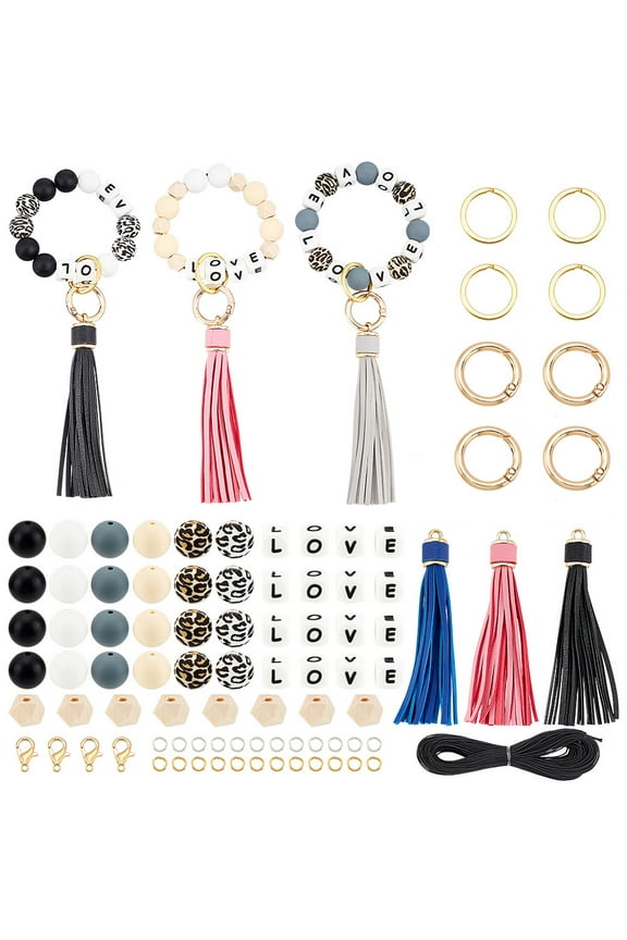 1box DIY Word Love Keychain Wristlet Making Kits Including Silicone & Natural Wood Beads Imitation Leather Tassel Pendants Decorations Alloy Spring Gate Rings Iron Split Key Rings Mixed color Wood