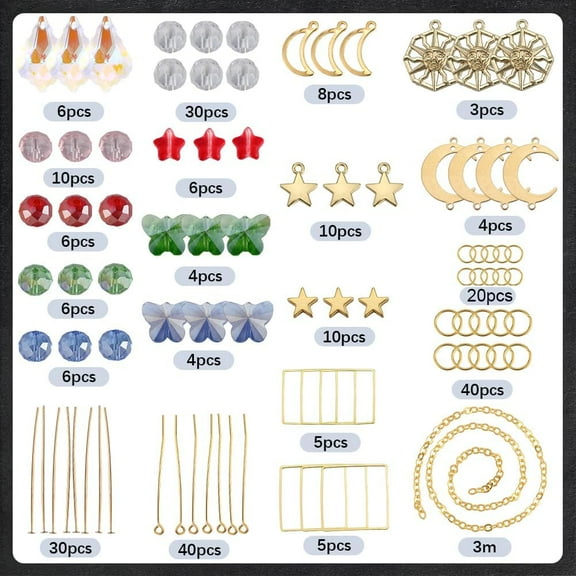 1box Decoration Suncatchers Making Kit Including Glass Beads & Pendants Alloy & 304 Stainless Steel Brass Cable Chain & Linking Rings Butterfly & Star & Sun & Leaf Mixed color 253pcs/box