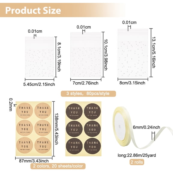 1box Dot Round Thank You Self-Adhesive Paper Gift Tag Stickers with Rectangle Frosted Plastic Cellophane Bags Polyester Ribbon Mixed color 13.5x8.7x0.02cm Stickers: 4cm 6pcs/sheet 20 sheets/color