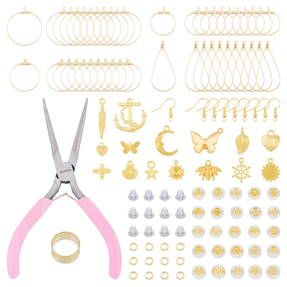 1box Earring Making Kit Including Brass Earring Hooks Alloy & 304 Stainless Steel Wire Pendants Acrylic Letter Beads Pliers Sun & Star & Butterfly & Bees & Heart & Anchor Golden 475pcs/box