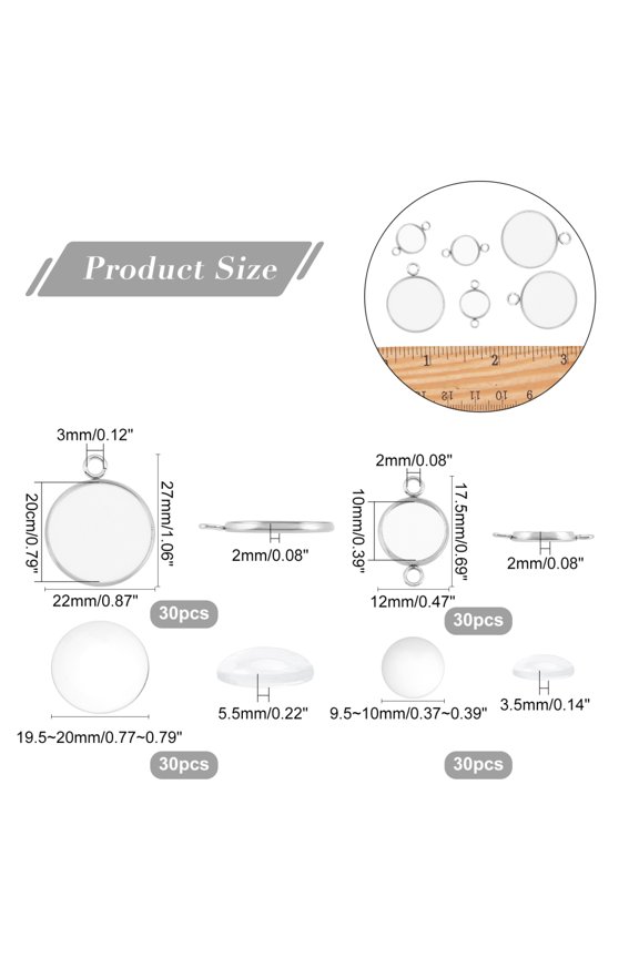 1box Flat Round Making Kits Including 304 Stainless Steel Cabochons Pendants & Connectors Settings Transparent Glass Cabochons Stainless Steel color Settings: 60pcs/box