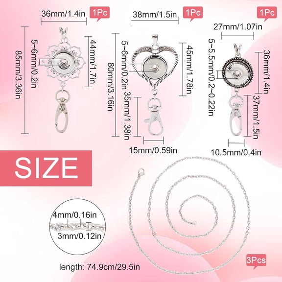 1box Flower & Heart Snap Button Office Lanyard Making Kit Including 3pcs Alloy Snap Making 3pcs 304 Stainless Steel Cable Chains Necklaces with Clasps & Stainless Steel color 749mm