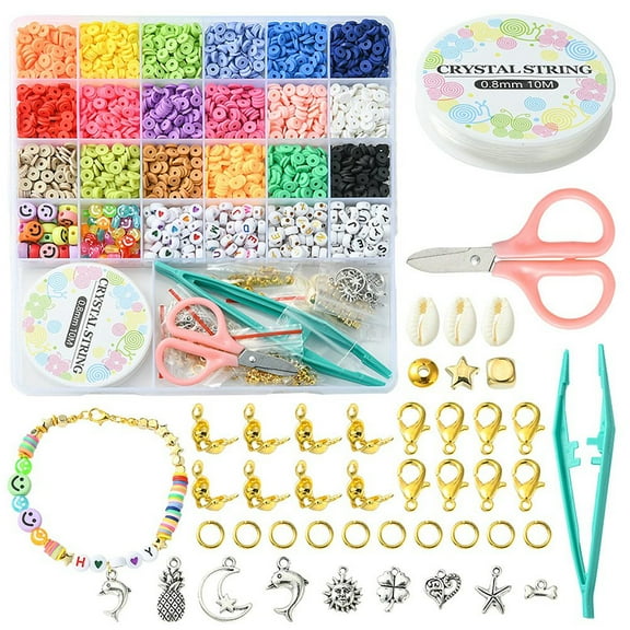1box Heishi Surfer Bracelet Necklace Making Kit Including Polymer Clay Disc & Acrylic Letter & Plastic Star & Shell Beads Dolphin & Heart & Pineapple Alloy Tweezers Mixed color 3474pcs/box