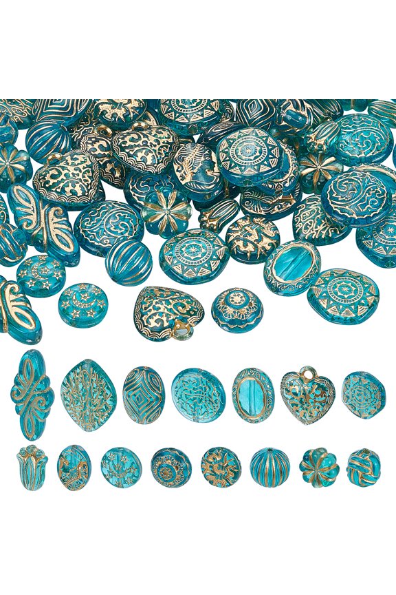 1box Jewelry Making Finding Kit Including Plating Acrylic Rhombus & Oval & Flower & Rondelle Beads and Heart Pendants Dark Cyan 90pcs/box Acrylic