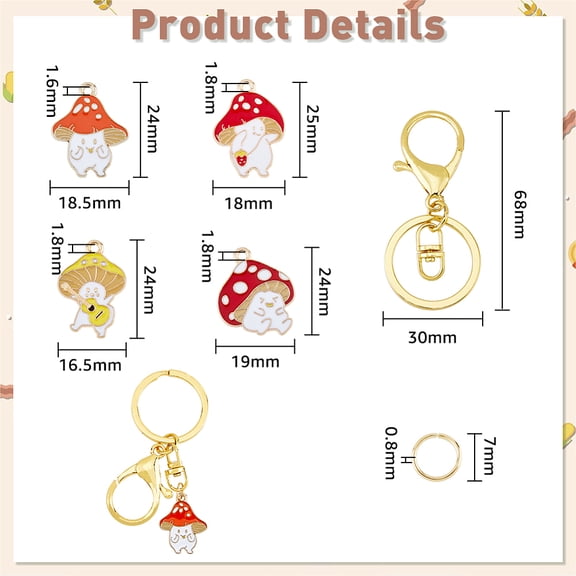 1box Keychain Making Kit 16pcs Golden Lobster Claw Clasp Keychains 20pcs Small Split Key Chain Ring 16pcs 4 styles Mushroom Alloy Kawaii Keychains for Backpack Purse Accessories