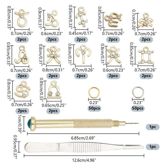 1box Nail Art Tools set including Constellation Zinc Alloy Rhinestone Jump Rings & Stainless Steel Tweezers Iron Manual Nail Art Punch Tools Mixed color 0.85x0.7x0.25cm