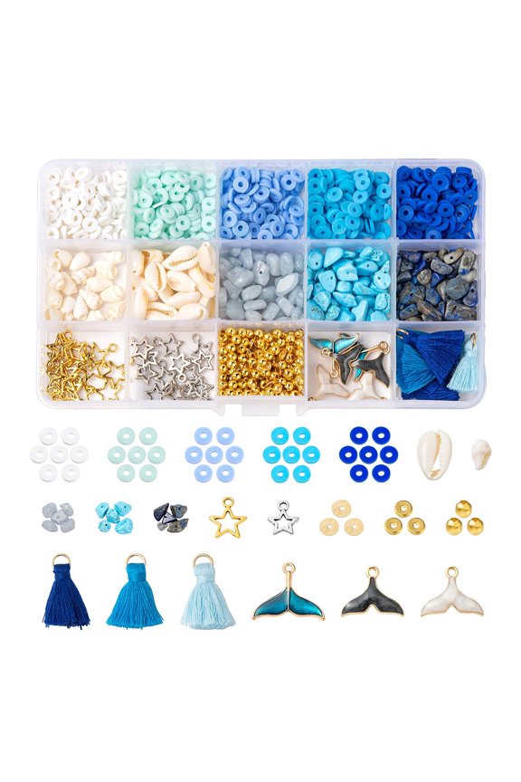 1box Ocean Theme Beads & Charms DIY Jewelry Making Finding Kit,Natural Shell Beads Brass & Iron Spacer Beads Blue Pendants: 42pcs/box