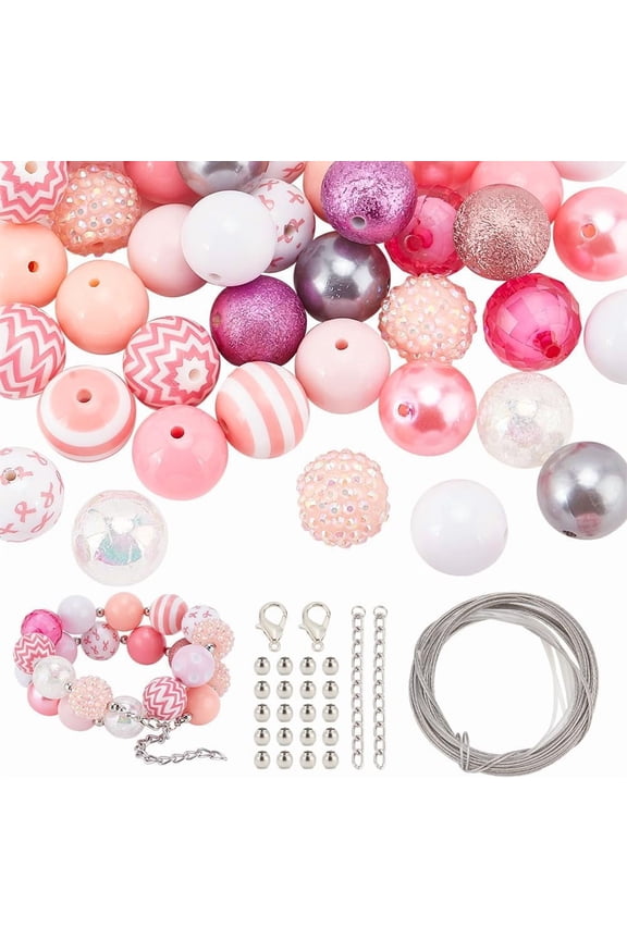 1box October Breast Cancer Pink Awareness Ribbon Theme Bracelet Keychain Decoration Making Kit Including Acrylic Round Beads Wire Clasps Pink Beads: 106pcs/box