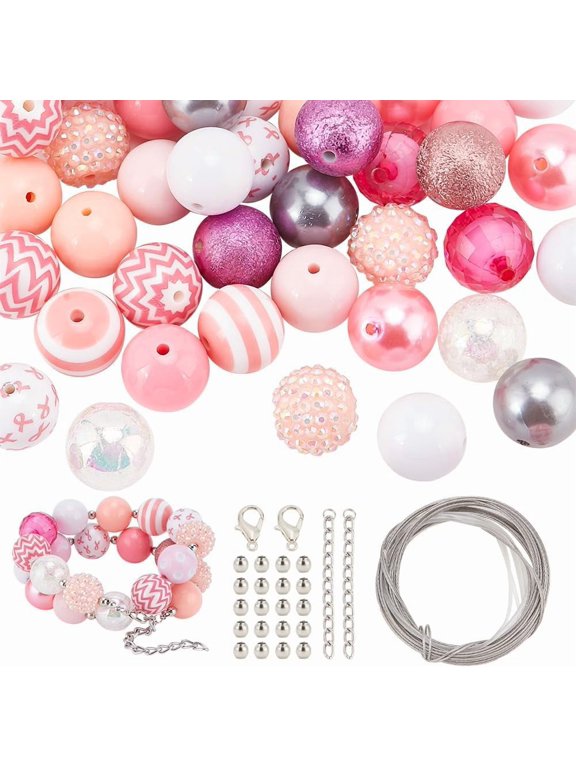 1box October Breast Cancer Pink Awareness Ribbon Theme Bracelet Keychain Decoration Making Kit Including Acrylic Round Beads Wire Clasps Pink Beads: 106pcs/box