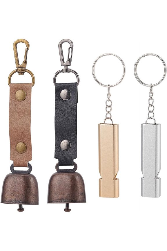 1box Pet Pendant Decorations sets including 2pcs Aluminum Alloy Double Frequency Whistles 2pcs Iron Bells with PU Leather Webbing Mixed color 108~146mm