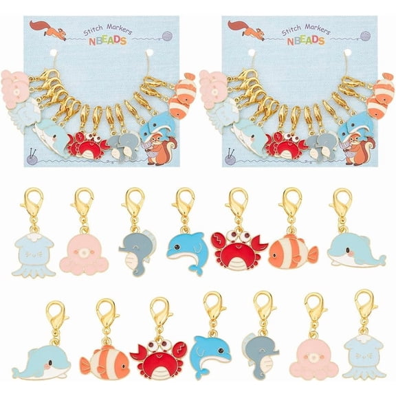 1box Sea Animal Pendant Stitch Markers Alloy Enamel Crochet Lobster Clasp Charms Locking Stitch Marker with Wine Glass Charm Ring Creation