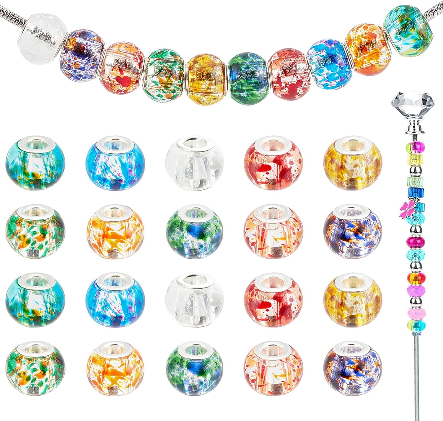 1box Spray Painted Glass European Beads with Silver Brass Cores Large Hole Beads Rondelle Mixed color 15x12mm Hole: 5mm about 100pcs/box