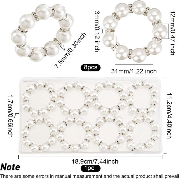 1box Stretch Napkin Rings Napkin Holder Adornment with Brass & Plastic Pearl Beads for Place Settings Wedding & Party Decoration 12mm 8pcs
