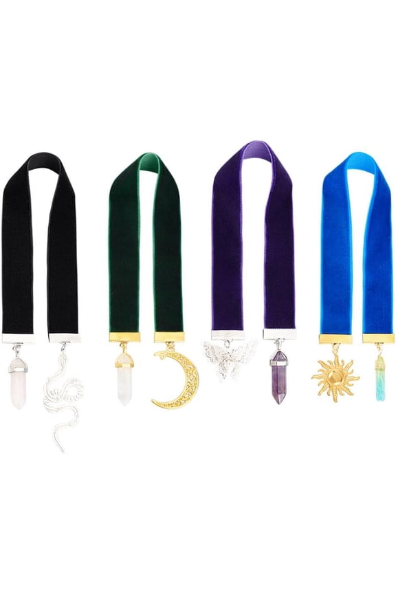 1box Velvet Bookmarks with Snake/Sun/Butterfly/Moon Charm Natural Rose Quartz /Quartz Amethyst/Dye Two Tone Pendant Bookmark Mixed Color