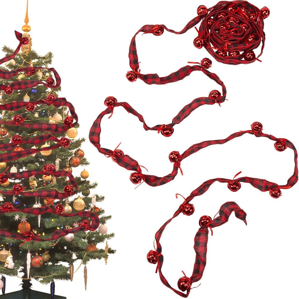 1bundle 6 Yards/5.5m Buffalo Plaid Christmas Tree Garland Red and Black Plaid Christmas Garland Sleigh Jingle Bell Homespun Fabric Ribbon Ornaments for Home Wreath Staircase Tree Farmhouse Decor Red