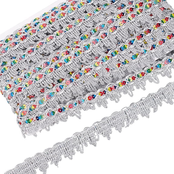 1card Sparkle Polyester Lace Ribbon with Colorful Paillette for Clothing Accessories Silver 7/8 inch(22mm) about 14.22 Yards(13m)/Card