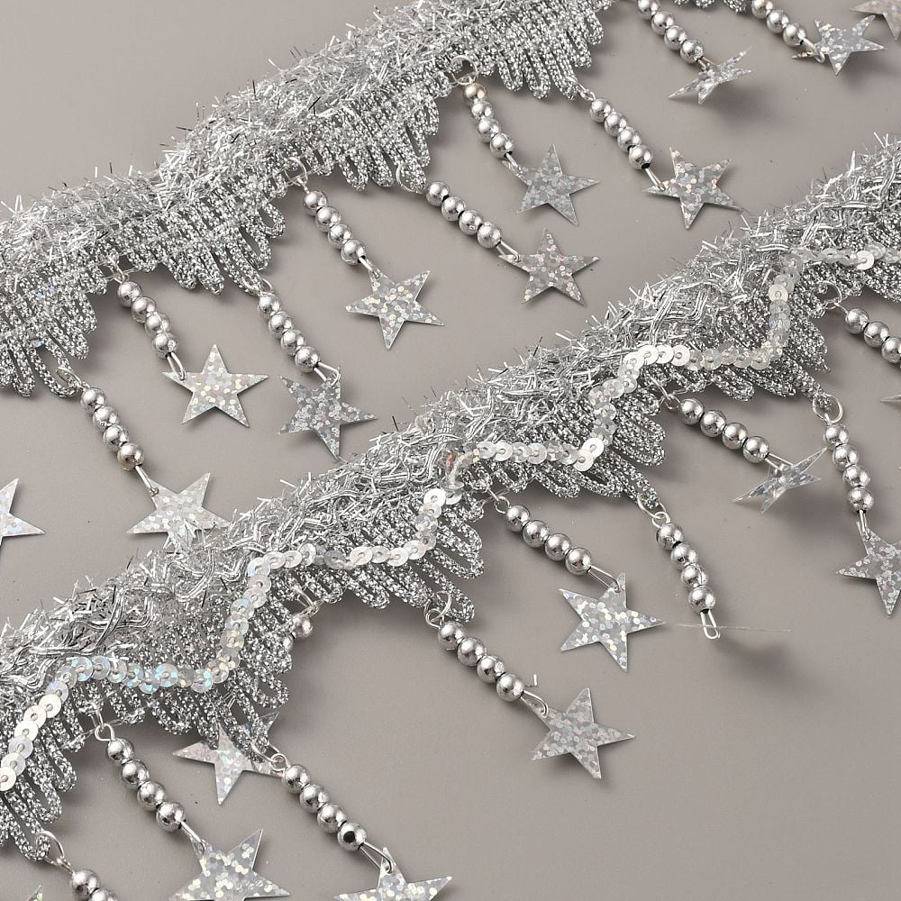 1card Sparkle Polyester Tassel Lace Trims Paillette Fringe Lace Trimming with Iron Beads Star Silver 1-1/2 inch(37.5mm)