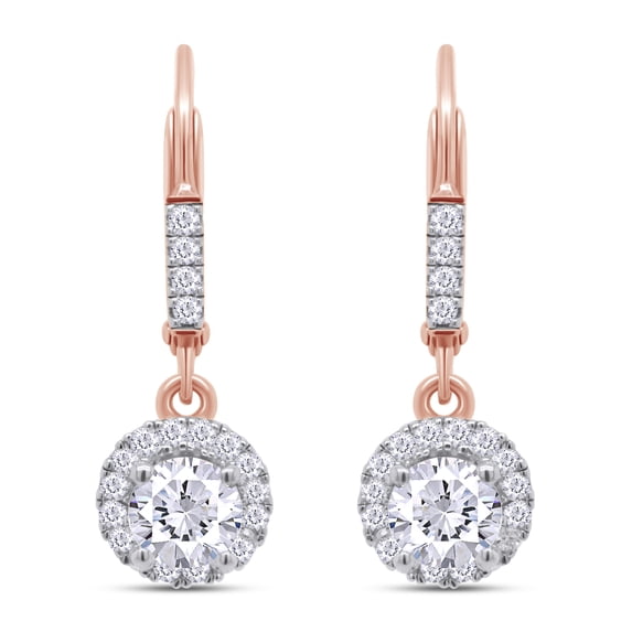 1ct 5mm G-H-I Color Moissanite Halo Leverback Drop Hoop Earring with Accents for Women In 14K Rose Gold Over Sterling Silver