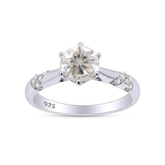 1ct Center 6.5MM Round Cut Moissanite Lab Created Diamond Solitare with Accents Ring 14K White Gold Plated Sterling Silver(G-H Color,1.08 Cttw )-7.5