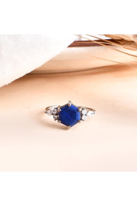 1ct Hexagon Cut Natural Blue Lapis Lazuli Engagement Ring Sterling Silver Lapis Gold Wedding Ring Blue Gemstone Lapis Jewelry Birthday Gifts