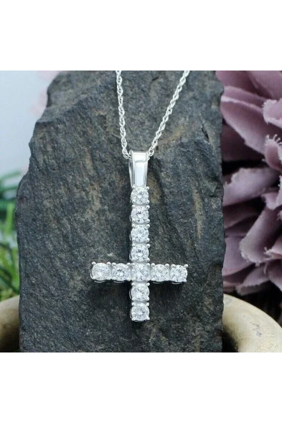 1ct Moissanite Cross Upside Down Pendant 18" Necklace in 14K White Gold Plated