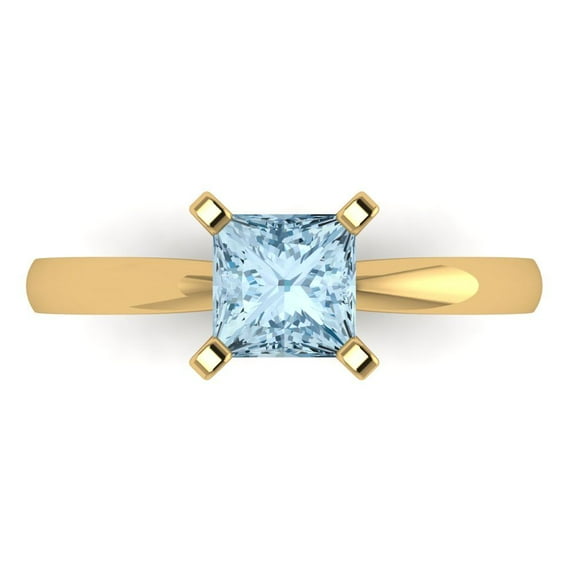 1ct Princess Cut Blue Crystal 18k Yellow Gold Engraving Statement Bridal Wedding Solitaire Designer Ring Size 9
