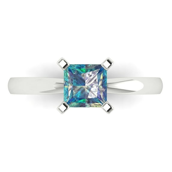 1ct Princess Cut Blue Moissanite 18k White Gold Engraving Statement Bridal Wedding Solitaire Designer Ring Size 7.5