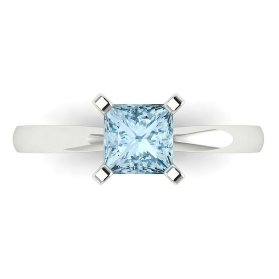 1ct Princess Cut Blue Natural Aquamarine 18k White Gold Engraving Statement Bridal Wedding Solitaire Designer Ring Size 4