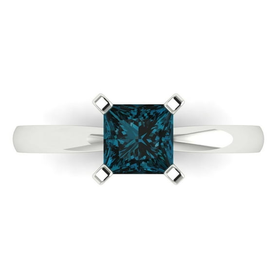 1ct Princess Cut Blue Natural London Blue Topaz 18k White Gold Engraving Statement Bridal Wedding Solitaire Designer Ring Size 9