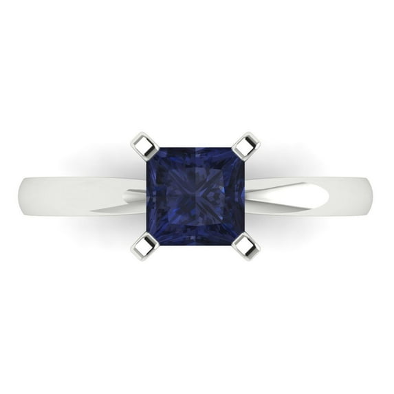 1ct Princess Cut Blue Sapphire 18k White Gold Engraving Statement Bridal Wedding Solitaire Designer Ring Size 3.5
