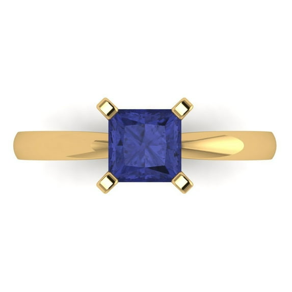 1ct Princess Cut Blue Tanzanite 18k Yellow Gold Engraving Statement Bridal Wedding Solitaire Designer Ring Size 8.5