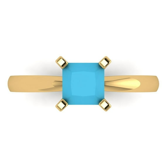 1ct Princess Cut Blue Turquoise 18k Yellow Gold Engraving Statement Bridal Wedding Solitaire Designer Ring Size 7